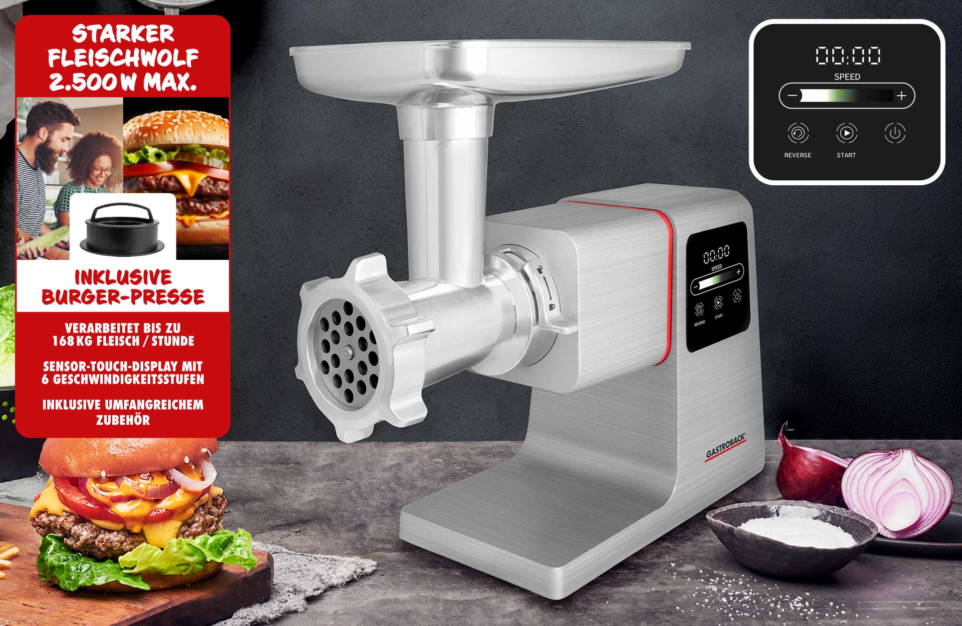GASTROBACK® Mincer - 41410 - Design Mincer 6-in-1 Power Pro #10 GASTROBACK® Mincer - 41410 - Design Mincer 6-in-1 Power Pro #10 - Starker Fleischwolf 2.500 W max. - verarbeitet bis zu 168 kg Fleisch / Stunde - Sensor-Touch-Display mit 6 Geschwindigkeitsstufen - Inklusive umfangreicheM Zubehör